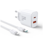 Preview: Joyroom 20W USB-C + USB-A Schnell Dual Netz-Ladegerät, inkl. USB-C z Lightning Kabel 1m, weiss