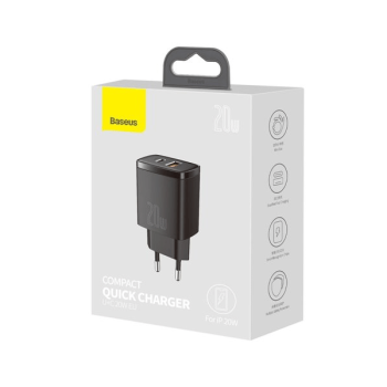 Baseus Compact Fast USB-A + USB-C Ladegerät 20W 3A Power Delivery Quick Charge 3.0 schwarz