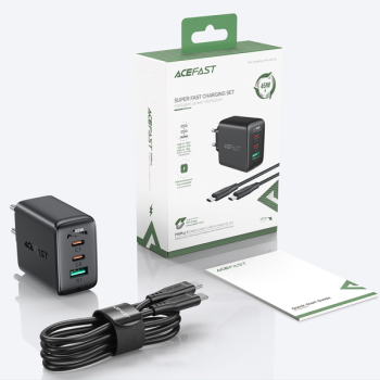 Acefast 2in1 Ladegerät 2 x USB Type-C / USB 65W, PD, QC 3.0, AFC, FCP (inkl. Kabel) weiss