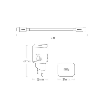 Baseus Super Si mini Schnellladegerät 1C 25W inkl. Kabel (1m) Typ-C zu Typ-C 3A schwarz (TZCCSUP-L01