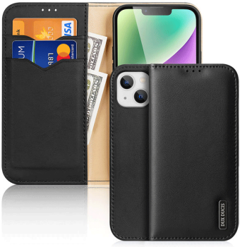 Dux Ducis Hivo RFID-Schutz Natur-Leder Flip-Wallet für iPhone 15, schwarz