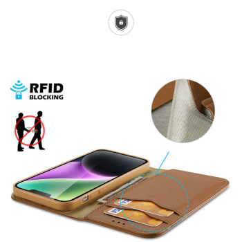 Dux Ducis Hivo RFID-Schutz Natur-Leder Flip-Wallet für iPhone 15 Pro, braun