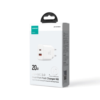 Joyroom 20W USB-C + USB-A Schnell Dual Netz-Ladegerät, inkl. USB-C z Lightning Kabel 1m, weiss