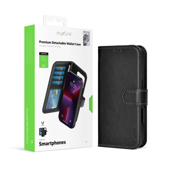 Rixus Duo Wallet Magnet Schutz-Hülle mit Brieftasche für iPhone 16 Plus, Schwarz