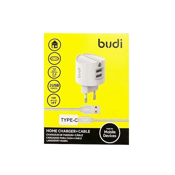 Budi DUAL USB-Port Netz-Ladegerät inkl. TYPE-C Textil Kabel weiß