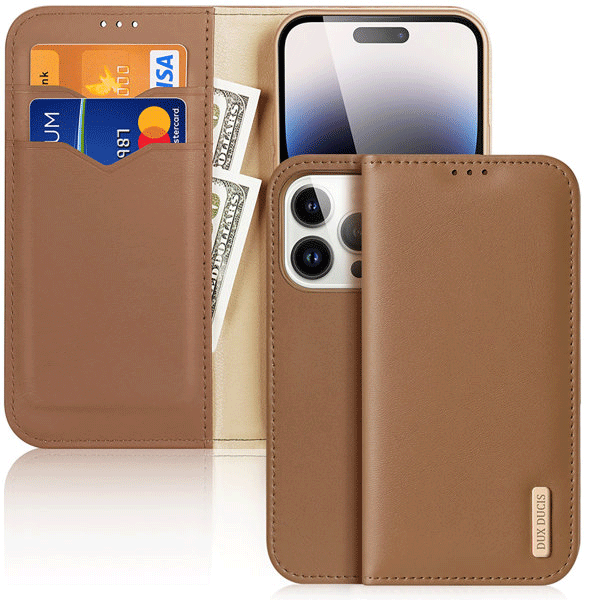 Dux Ducis Hivo RFID-Schutz Natur-Leder Flip-Wallet für iPhone 15 Pro, braun