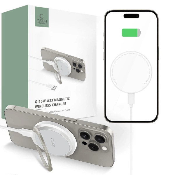 Tech-Protect QI15W-A33 induktives Ladegerät mit MagSafe und Ständer mit USB-A/USB-C-Kabel, weiß